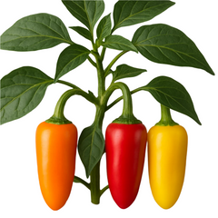Three colorful peppers (orange, red, yellow) on a plant with green leaves against a gray background.