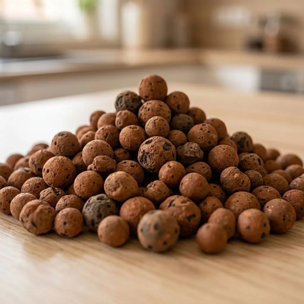 Close-up of brown clay pebbles, a natural growing medium for home hydroponic systems, piled on a wood countertop