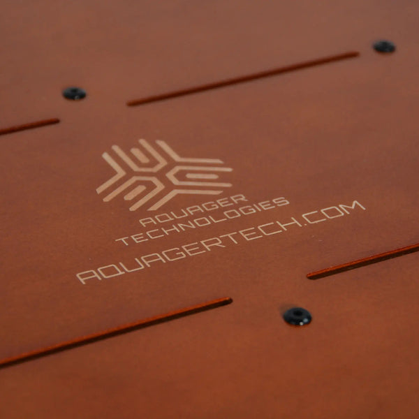 Aquager engraved logo detail on premium wooden hydroponic home farm furniture