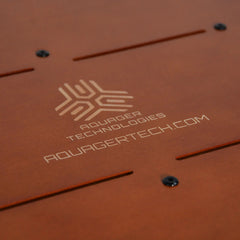 Aquager engraved logo detail on premium wooden hydroponic home farm furniture