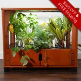 Wooden indoor garden with plants and a promotional banner on a white background