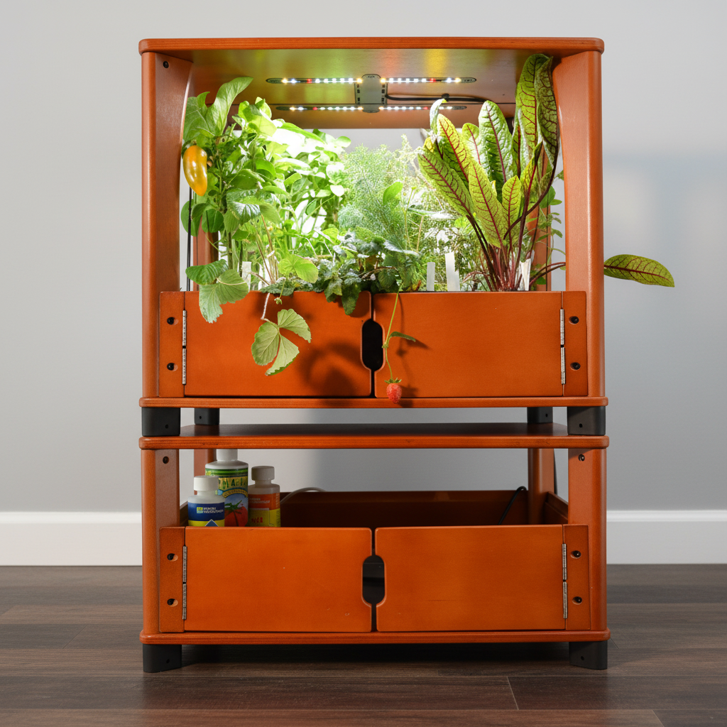 Orange indoor gardening system with plants and LED lights on a wooden floor.