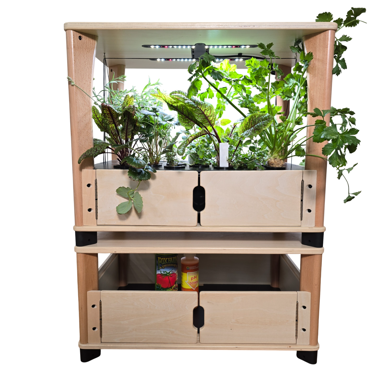 Wooden indoor gardening system with plants and storage drawers on a white background