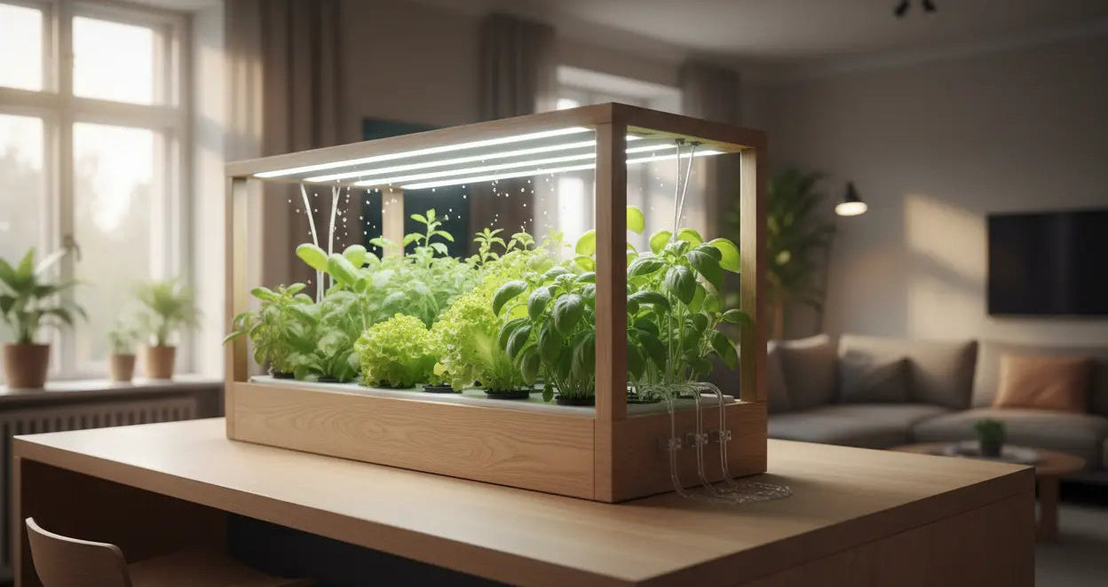 Indoor hydroponic garden system growing basil and leafy greens under LED grow lights on a kitchen countertop