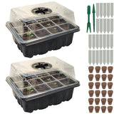 Two seedling trays with clear covers, small plants, plant labels, and small pots on a white background.