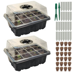 Two seedling trays with clear covers, small plants, plant labels, and small pots on a white background.