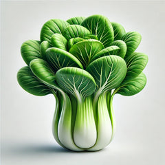 A fresh head of bok choy with vibrant green leaves and white stems.