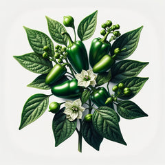 A cluster of green jalapeño peppers with leaves and white flowers against a white background.