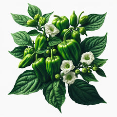 A illustration of Shishito Peppers, showing green peppers at various stages of growth, with leaves and white flowers.
