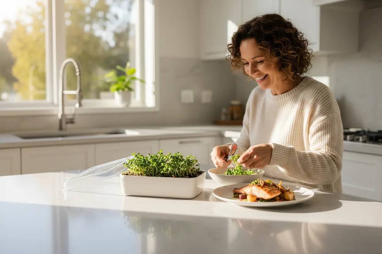Pre-seeded microgreens starter tray on kitchen counter, minimal setup, clear lid nearby, modern home environment, realistic photography