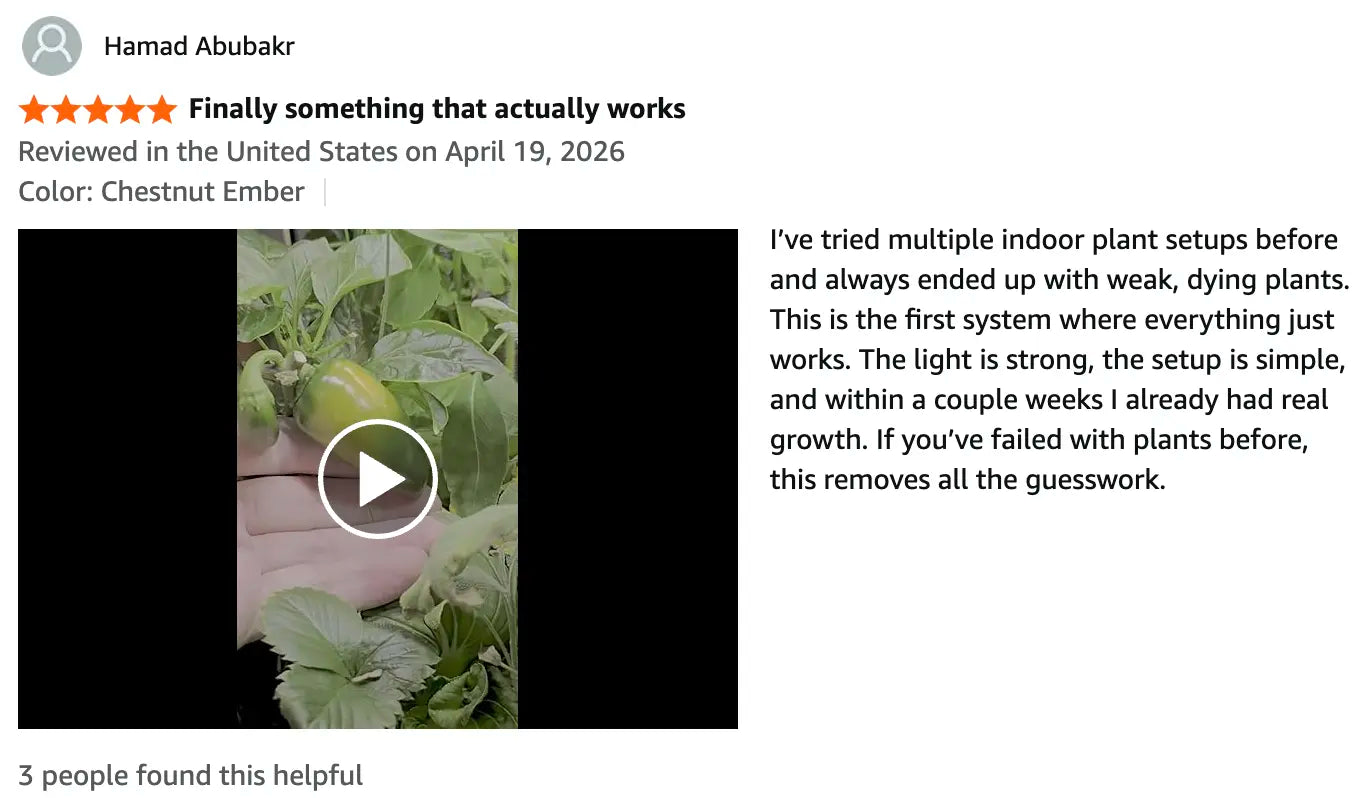 Product review with a video player and text about indoor plant setup success