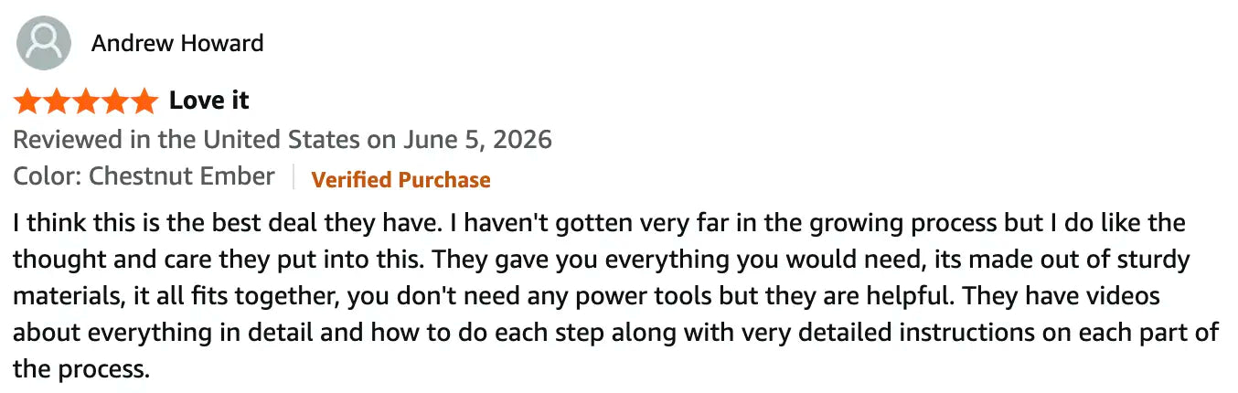 Product review with star rating, purchase date, color, and text feedback on a black background.
