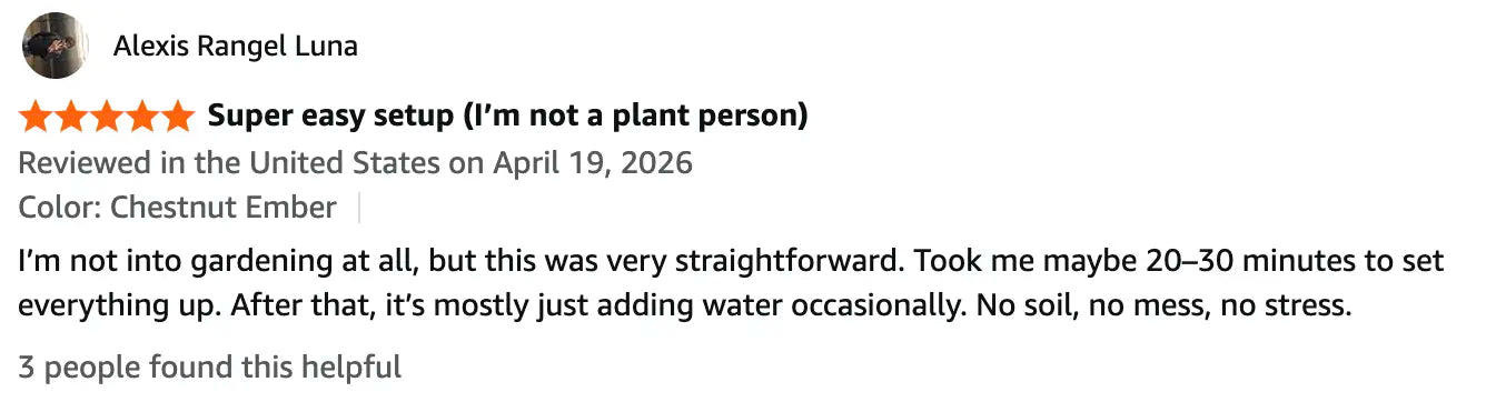 Product review for a gardening product with text and rating on a black background