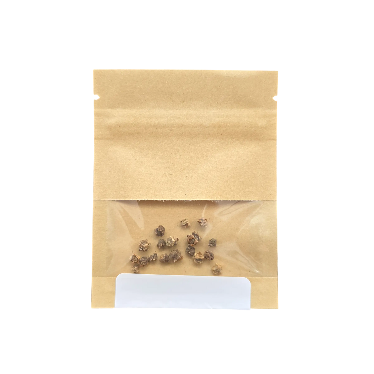 Sealed kraft paper seed packet with a clear window showing the seeds inside