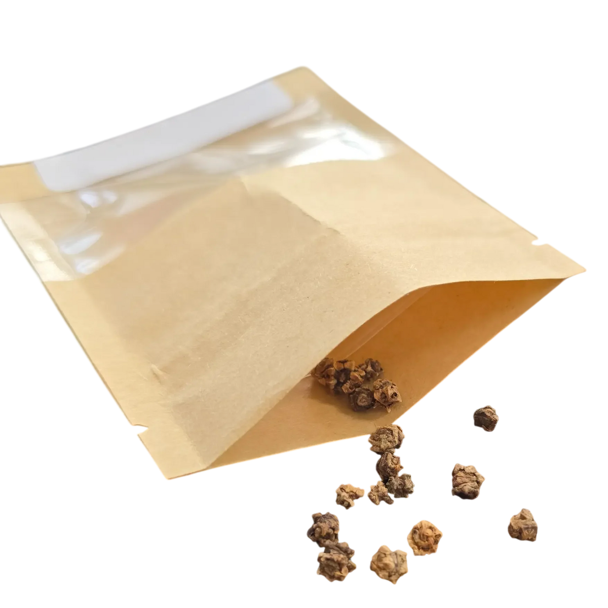 Open kraft paper seed packet with small seeds spilled out beside it