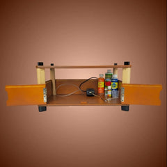 Open storage units with accessories inside.