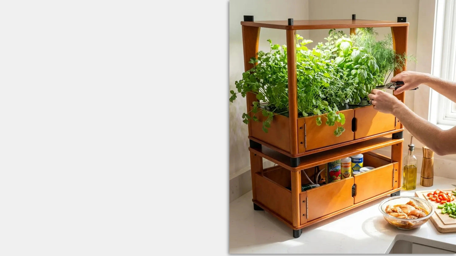 Fresh herbs growing in Aquager indoor hydroponic garden system — basil and greens