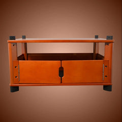 Wooden storage unit for a hydroponic home farm.
