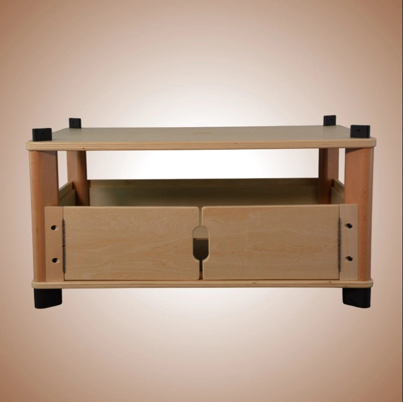 Wooden storage unit for a hydroponic home farm.