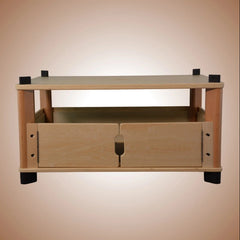 Wooden storage unit for a hydroponic home farm.