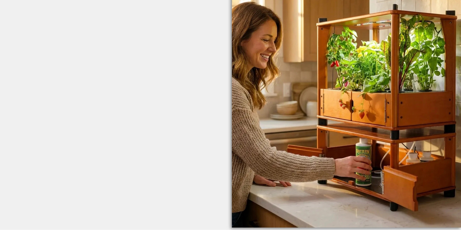 Woman in a kitchen with a wooden indoor garden with LED lights.