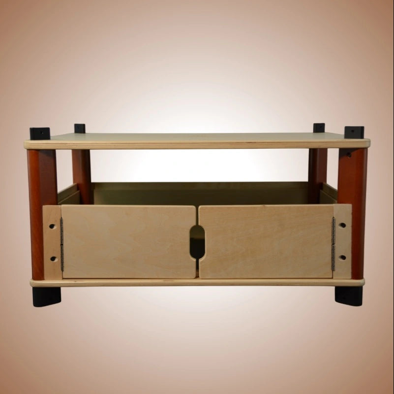 Wooden storage unit for a hydroponic home farm.