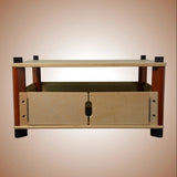 Wooden storage unit for a hydroponic home farm.
