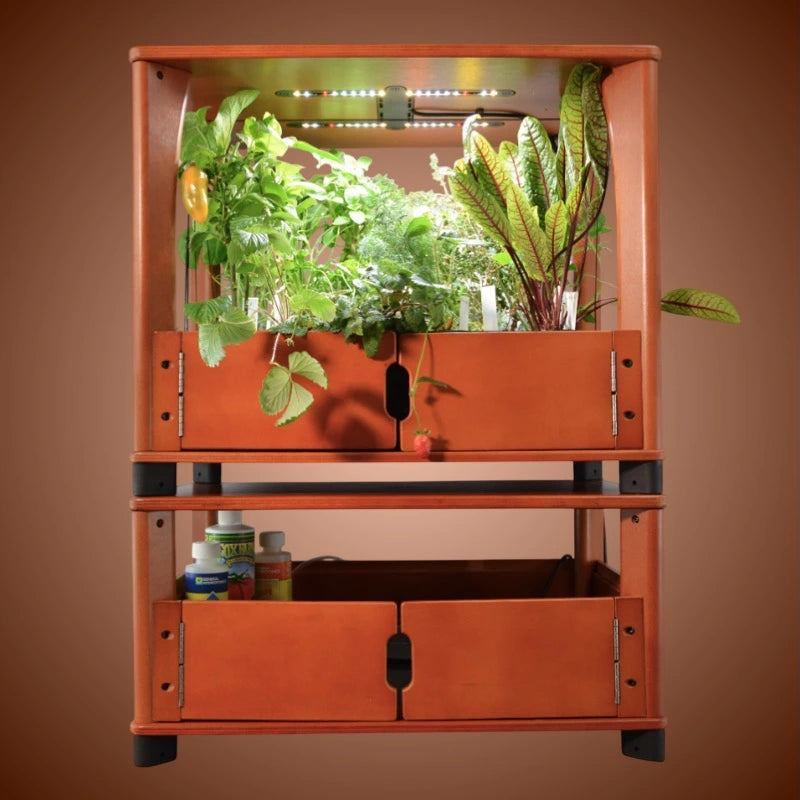 Orange indoor gardening system with plants and LED lights on a brown background.