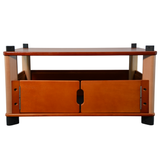 Wooden TV stand with a single drawer on a gray background