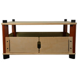 Wooden TV stand with a light wood finish and dark brown frame on a white background