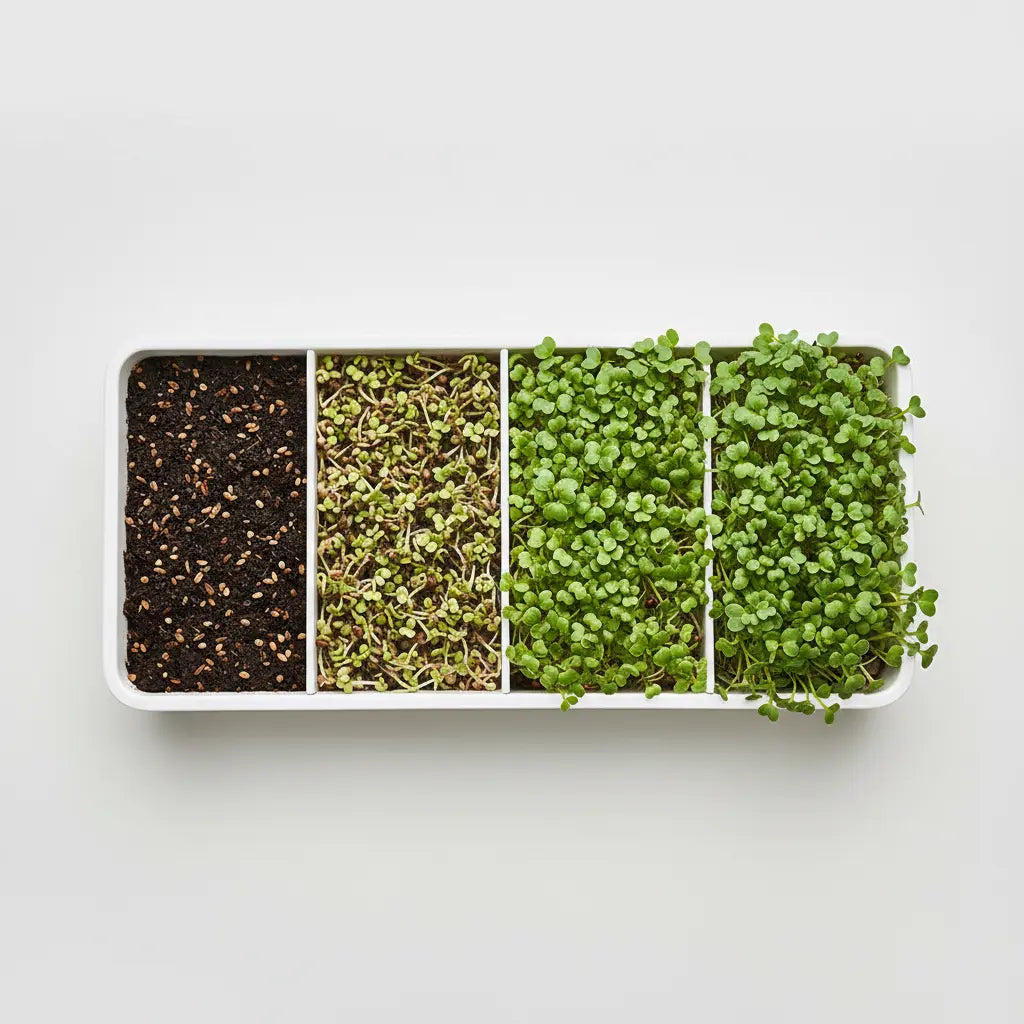 Time-lapse style image showing microgreens growing from seeds to harvest in one tray, clean background, educational visual