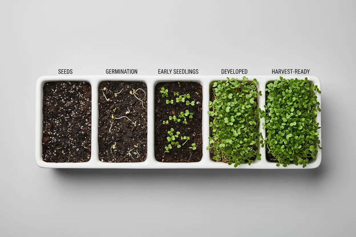 Top-down view of a microgreens tray with labeled growth phases