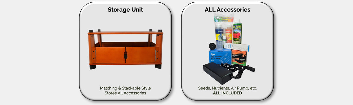 Two product cards showing a storage unit and all accessories on a white background.