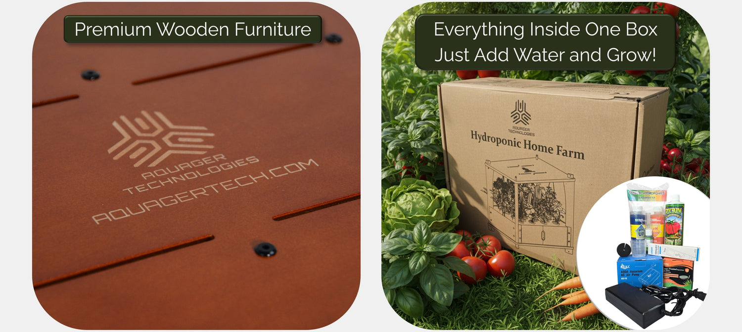 Two product images: one of a wooden box with a brand logo, the other of a hydroponic home farm kit with plants and equipment.