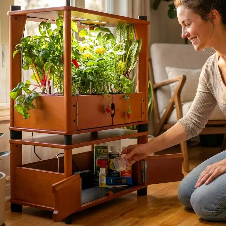 Woman tending to indoor plants in a wooden cabinet with LED lights.