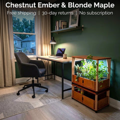 Chestnut Ember & Blonde Maple hydroponic farm by a home office desk. Free shipping, 30-day returns, No subscription.