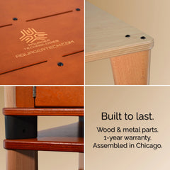 Built to last: engraved logo, maple corner, metal hinge. Wood + metal parts, 1-year warranty, assembled in Chicago.