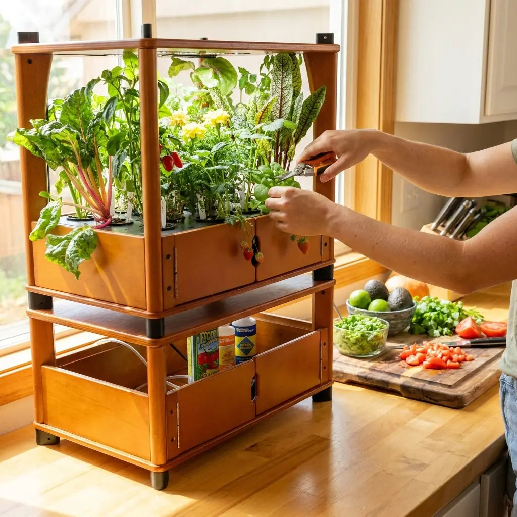 Aquager hydroponic home farm growing herbs on kitchen counter — compact indoor garden