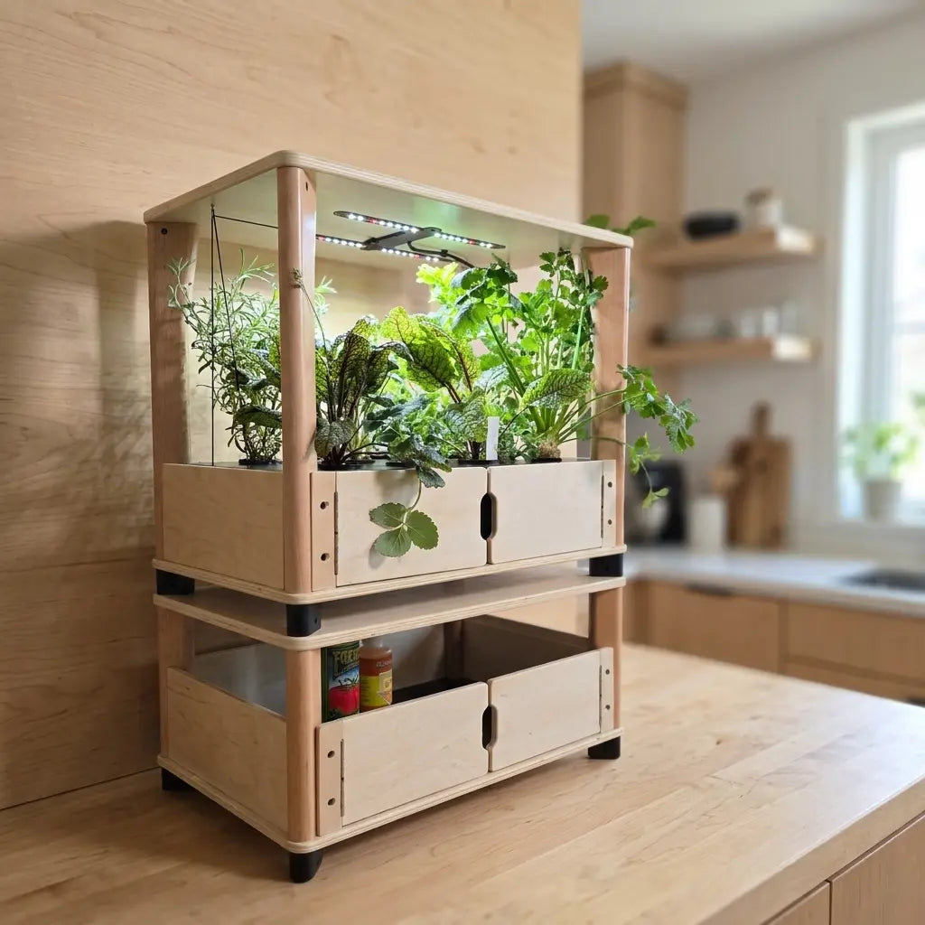 Aquager indoor herb garden — fresh herbs growing in compact hydroponic system