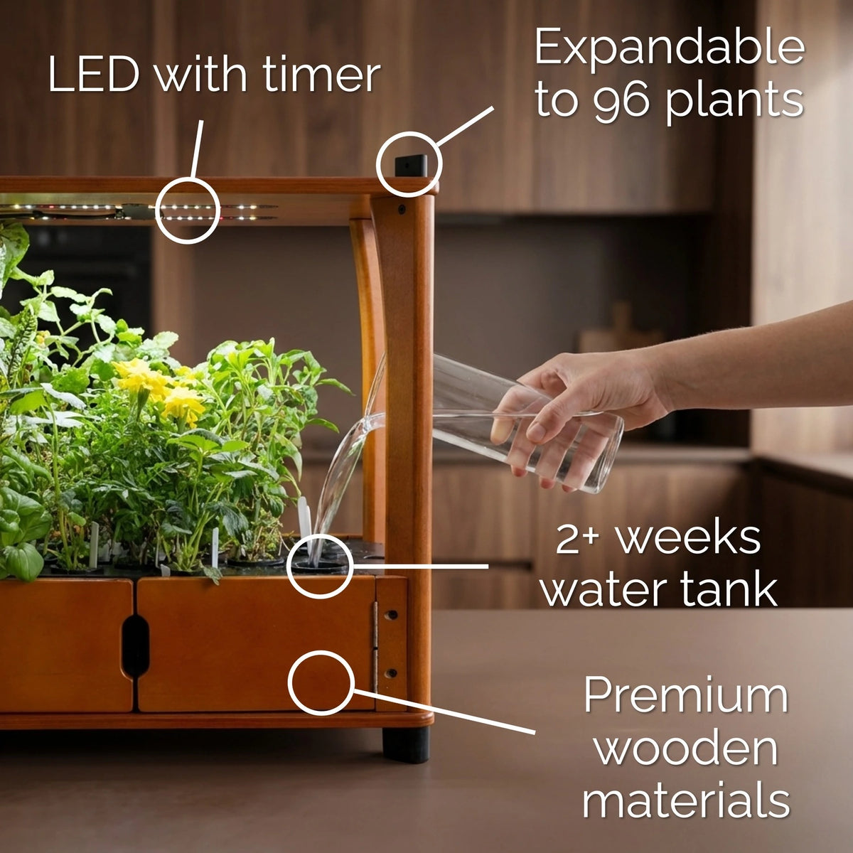 Hydroponic farm features: LED with timer, stackable to 96 plants, 2+ week water tank, premium wooden materials.