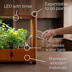 Hydroponic farm features: LED with timer, stackable to 96 plants, 2+ week water tank, premium wooden materials.