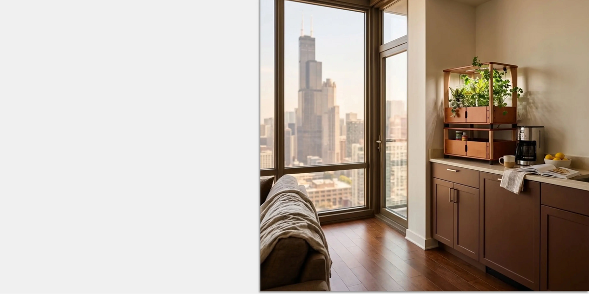 Aquager home farm with storage unit on a Chicago apartment kitchen counter, with the Willis Tower in the window 3.