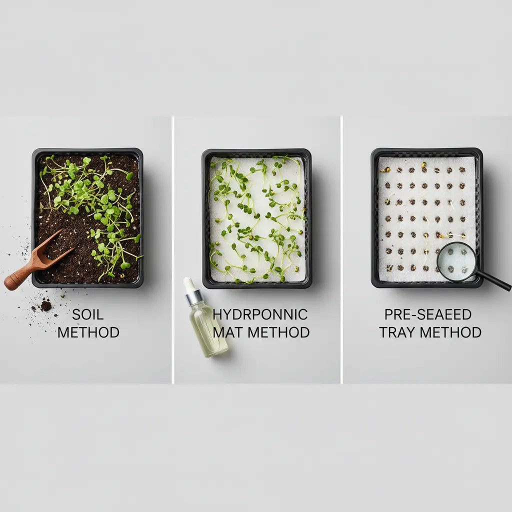 comparison-image-showing-three-microgreens-growing-methods-loose-soil-tray-hydroponic-mat-and-pre-seeded-tray