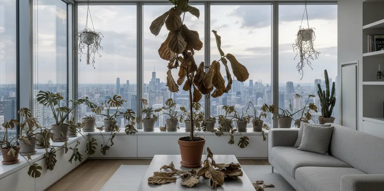 Modern living room with large windows, dead plants, and a cityscape view.