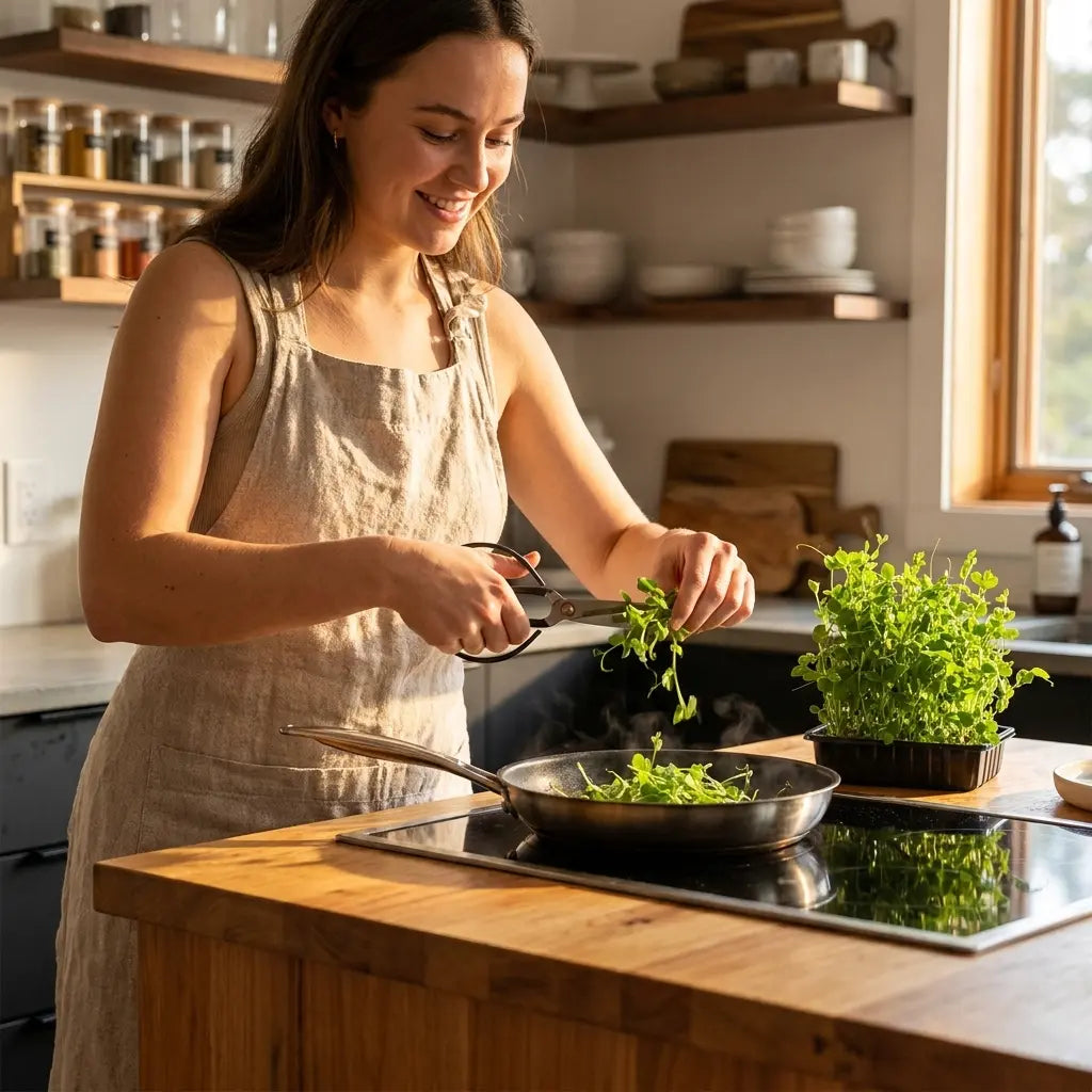 Woman cooking in a kitchen, adding greens to a pan.