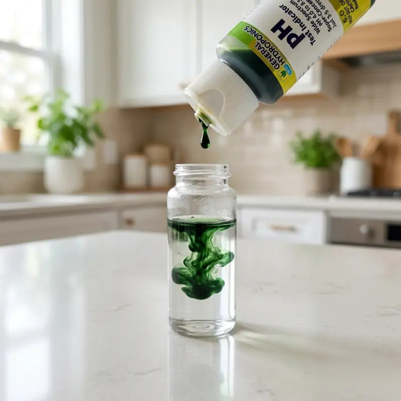Green liquid being poured from a bottle into a glass on a kitchen counter.