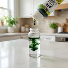 Green liquid being poured from a bottle into a glass on a kitchen counter.