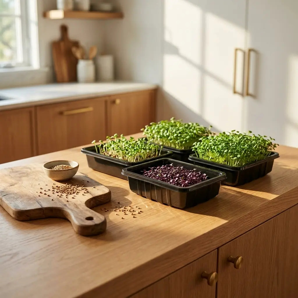 Kitchen counter with sprouting trays and a wooden cutting board.