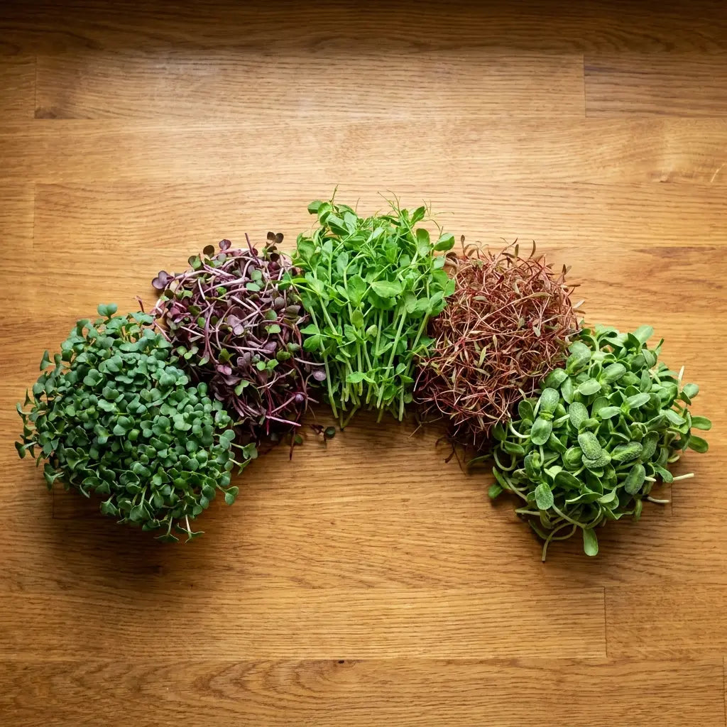 Five different types of microgreens arranged in a curved pattern on a wooden surface.