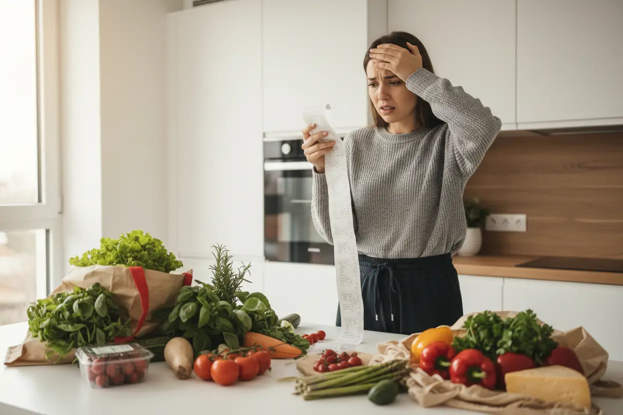 Person in kitchen looking frustrated while checking an expensive grocery receipt with fresh produce and grocery bags on the counter